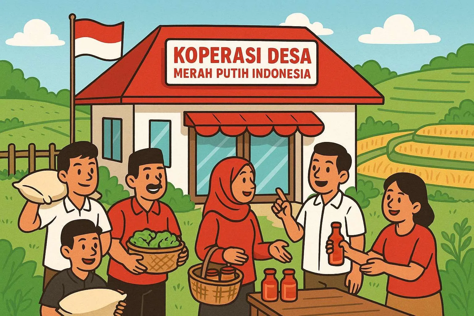 Koperasi Merah Putih - Ilustrasi koperasi desa modern dengan nuansa merah putih
